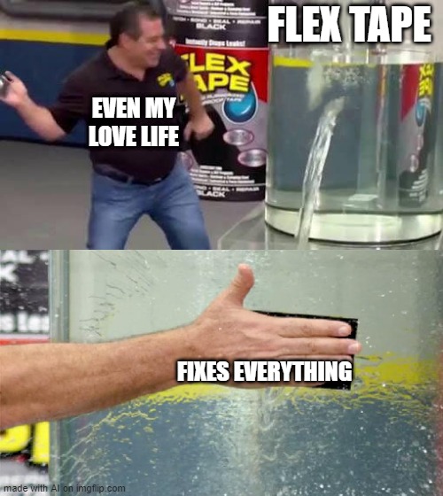Guess It Does | FLEX TAPE; EVEN MY LOVE LIFE; FIXES EVERYTHING | image tagged in flex tape | made w/ Imgflip meme maker