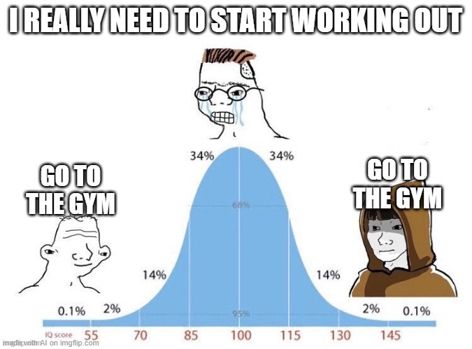 Go to the Gym | I REALLY NEED TO START WORKING OUT; GO TO THE GYM; GO TO THE GYM | image tagged in bell curve,ai meme | made w/ Imgflip meme maker