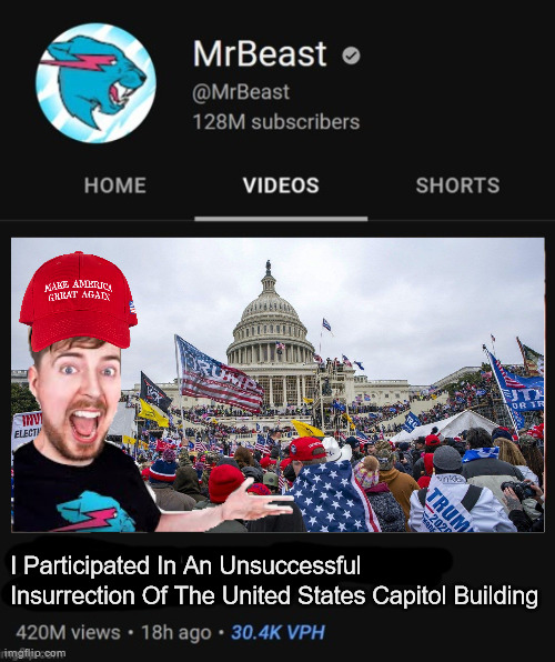 MrBeast thumbnail template | I Participated In An Unsuccessful Insurrection Of The United States Capitol Building | image tagged in mrbeast thumbnail template | made w/ Imgflip meme maker