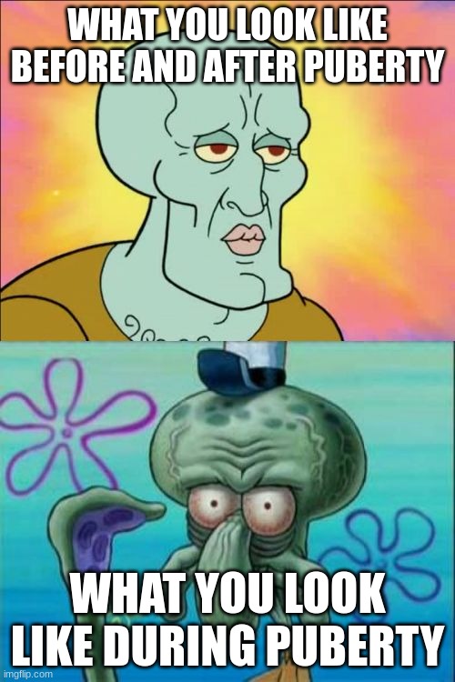 We all have this feeling when it happens | WHAT YOU LOOK LIKE BEFORE AND AFTER PUBERTY; WHAT YOU LOOK LIKE DURING PUBERTY | image tagged in memes,squidward,puberty,relatable memes,funny,school | made w/ Imgflip meme maker