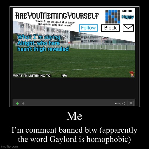 Me | I’m comment banned btw (apparently the word Gaylord is homophobic) | image tagged in funny,demotivationals | made w/ Imgflip demotivational maker