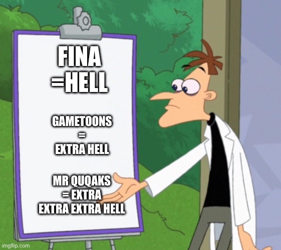 Dr D white board | FINA =HELL; GAMETOONS = EXTRA HELL; MR QUQAKS = EXTRA EXTRA EXTRA HELL | image tagged in dr d white board | made w/ Imgflip meme maker
