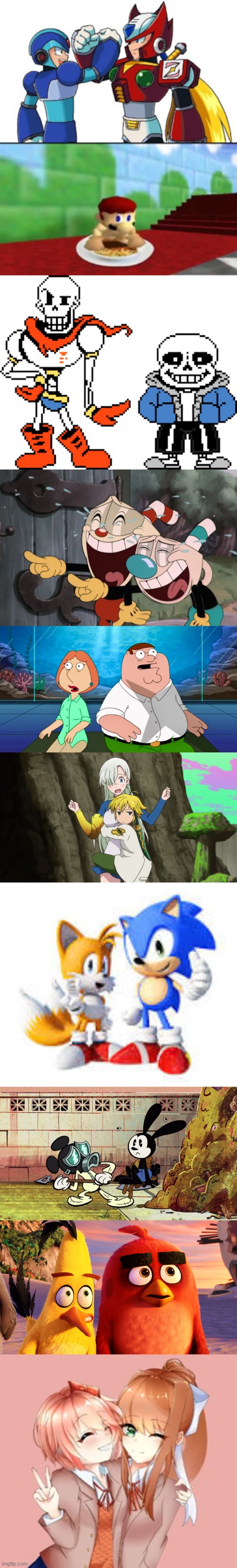 image tagged in mario in spaghetti,sans and papyrus,cuphead and mugman laughing,peter and lois,meliodas hug,sonic and tails agree | made w/ Imgflip meme maker