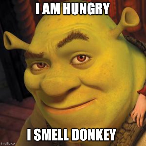 Shrek Sexy Face | I AM HUNGRY; I SMELL DONKEY | image tagged in shrek sexy face | made w/ Imgflip meme maker