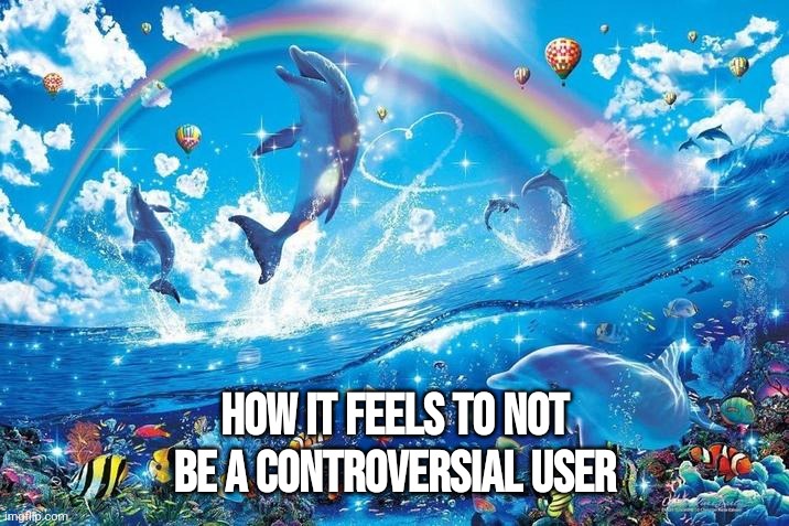 Happy dolphin rainbow | How it feels to not be a controversial user | image tagged in happy dolphin rainbow | made w/ Imgflip meme maker