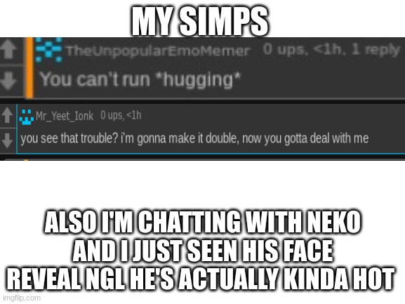 hey yall | MY SIMPS; ALSO I'M CHATTING WITH NEKO AND I JUST SEEN HIS FACE REVEAL NGL HE'S ACTUALLY KINDA HOT | image tagged in blank white template | made w/ Imgflip meme maker