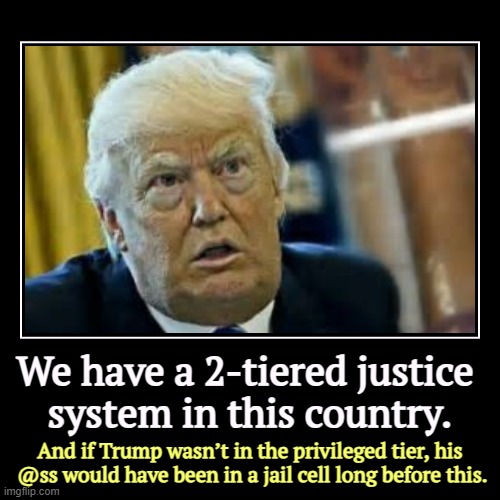 We have a 2-tiered justice 
system in this country. | And if Trump wasn’t in the privileged tier, his 
@ss would have been in a jail cell lo | image tagged in funny,demotivationals,justice,america,trump,punishment | made w/ Imgflip demotivational maker