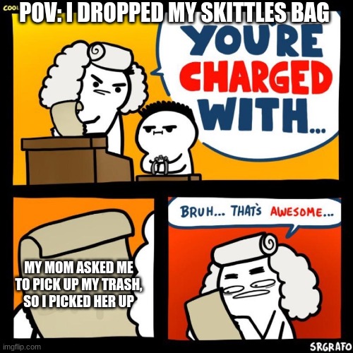 SKITTLES BAG | POV: I DROPPED MY SKITTLES BAG; MY MOM ASKED ME TO PICK UP MY TRASH, SO I PICKED HER UP | image tagged in cool crimes | made w/ Imgflip meme maker