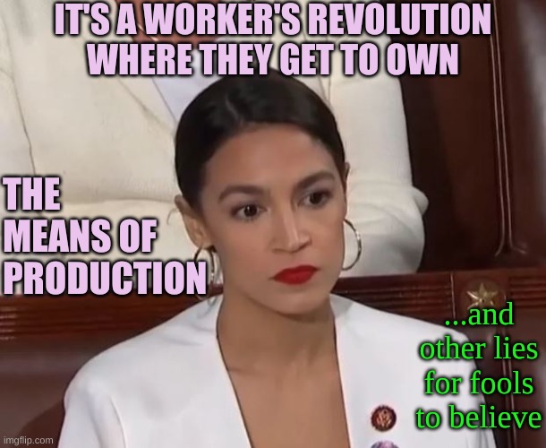 AOC | IT'S A WORKER'S REVOLUTION WHERE THEY GET TO OWN THE MEANS OF PRODUCTION ...and other lies for fools to believe | image tagged in aoc | made w/ Imgflip meme maker