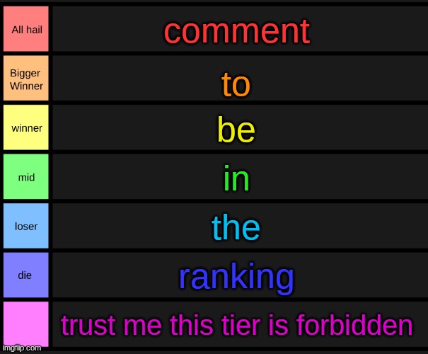 yoshi's tier list | comment; to; be; in; the; ranking; trust me this tier is forbidden | image tagged in yoshi's tier list | made w/ Imgflip meme maker