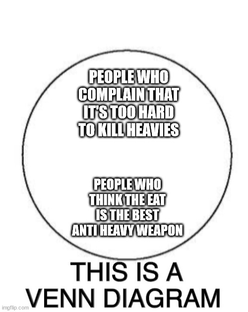 This is a Venn diagram | PEOPLE WHO COMPLAIN THAT IT'S TOO HARD TO KILL HEAVIES; PEOPLE WHO THINK THE EAT IS THE BEST ANTI HEAVY WEAPON | image tagged in this is a venn diagram | made w/ Imgflip meme maker