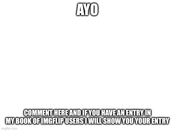 LETS GO | AYO; COMMENT HERE AND IF YOU HAVE AN ENTRY IN MY BOOK OF IMGFLIP USERS I WILL SHOW YOU YOUR ENTRY | image tagged in e | made w/ Imgflip meme maker