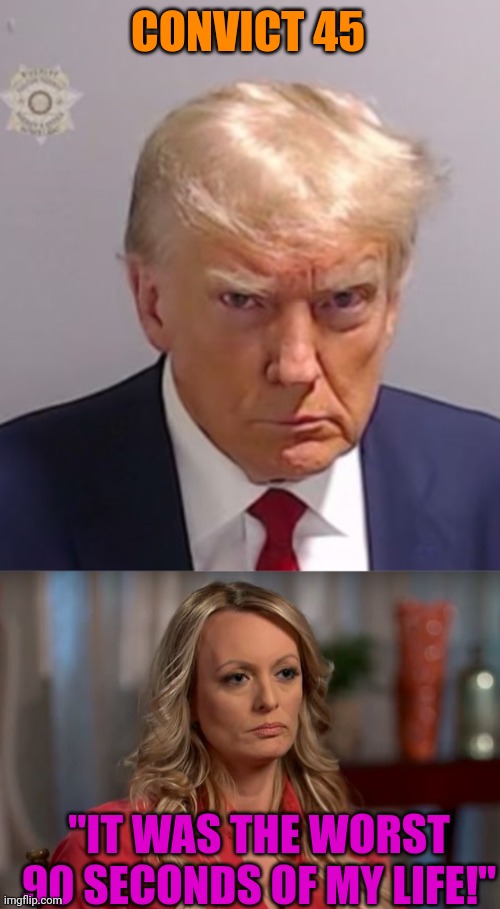 CONVICT 45; "IT WAS THE WORST 90 SECONDS OF MY LIFE!" | image tagged in donald trump mugshot,stormy daniels | made w/ Imgflip meme maker