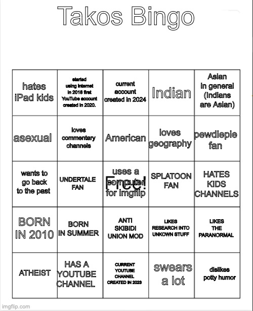 do it | Takos Bingo; current account created in 2024; started using internet in 2018 first YouTube account created in 2020. Asian in general (Indians are Asian); hates iPad kids; Indian; American; asexual; pewdiepie fan; loves geography; loves commentary channels; SPLATOON FAN; wants to go back to the past; uses a computer for imgflip; HATES KIDS CHANNELS; UNDERTALE FAN; BORN IN 2010; BORN IN SUMMER; LIKES THE PARANORMAL; LIKES RESEARCH INTO UNKOWN STUFF; ANTI SKIBIDI UNION MOD; HAS A YOUTUBE CHANNEL; dislikes potty humor; ATHEIST; CURRENT YOUTUBE CHANNEL  CREATED IN 2023; swears a lot | image tagged in blank bingo | made w/ Imgflip meme maker