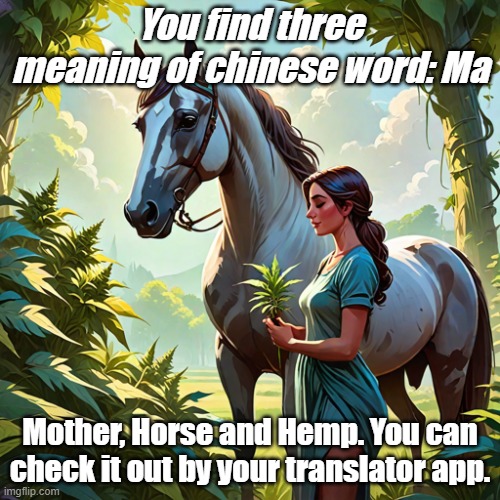 Three meaning of word: Ma | You find three meaning of chinese word: Ma; Mother, Horse and Hemp. You can check it out by your translator app. | image tagged in facts,chinese,language | made w/ Imgflip meme maker