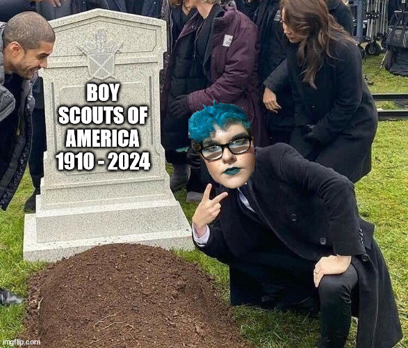 RIP Boy Scouts | BOY SCOUTS OF AMERICA
1910 - 2024 | image tagged in peace sign tombstone | made w/ Imgflip meme maker