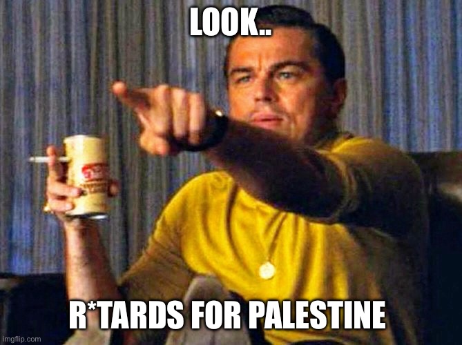 LOOK.. R*TARDS FOR PALESTINE | image tagged in leonardo dicaprio pointing at tv | made w/ Imgflip meme maker