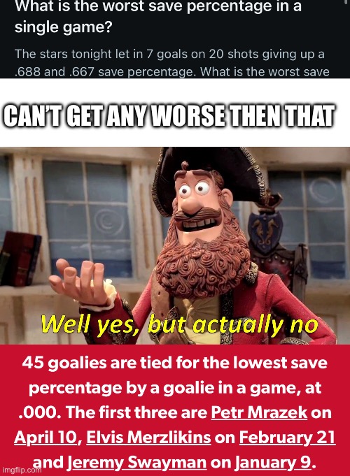 Worst Save Percentage NHL Goalies in a Single Game | CAN’T GET ANY WORSE THEN THAT | image tagged in memes,well yes but actually no,nhl,goalies,save percentage | made w/ Imgflip meme maker
