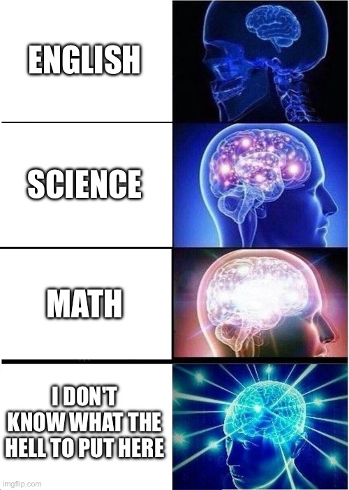 Expanding Brain Meme | ENGLISH; SCIENCE; MATH; I DON'T KNOW WHAT THE HELL TO PUT HERE | image tagged in memes,expanding brain | made w/ Imgflip meme maker