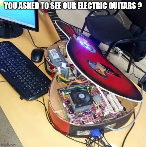 memes by Brad - computer built in a guitar | YOU ASKED TO SEE OUR ELECTRIC GUITARS ? | image tagged in funny,gaming,guitar,pc gaming,computer games,computer | made w/ Imgflip meme maker