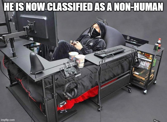 memes by Brad - gamer is classified as a non human | HE IS NOW CLASSIFIED AS A NON-HUMAN | image tagged in funny,gaming,pc gaming,video games,computer games,computer | made w/ Imgflip meme maker
