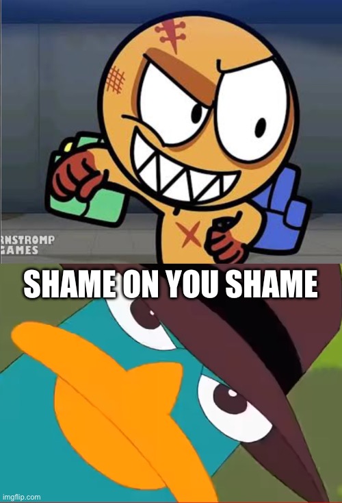 Perry shameing player's brother (trust me his crimes is worse from hi#ler | SHAME ON YOU SHAME | image tagged in perry looks at you,worse than hitler | made w/ Imgflip meme maker