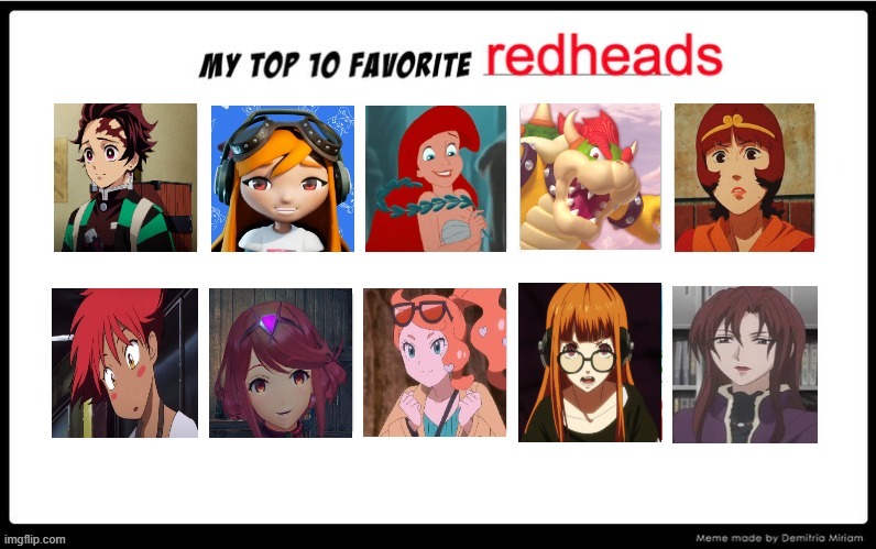 top 10 favorite redheads | image tagged in top 10 favorite redheads,anime,tanjiro,smg4,ariel,gaming | made w/ Imgflip meme maker