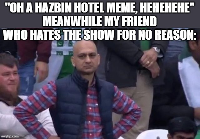 it's really not that bad. it's the "video" that ruined it's reputation. | "OH A HAZBIN HOTEL MEME, HEHEHEHE"
MEANWHILE MY FRIEND WHO HATES THE SHOW FOR NO REASON: | image tagged in muhammad sarim akhtar,unreasonable,friends,vibe_zone,hazbin hotel | made w/ Imgflip meme maker