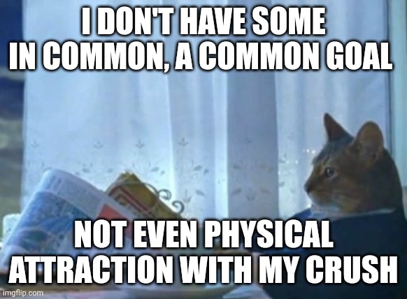 Common | I DON'T HAVE SOME IN COMMON, A COMMON GOAL; NOT EVEN PHYSICAL ATTRACTION WITH MY CRUSH | image tagged in memes,i should buy a boat cat | made w/ Imgflip meme maker