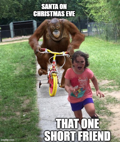That One Short Friend | SANTA ON CHRISTMAS EVE; THAT ONE SHORT FRIEND | image tagged in orangutan chasing girl on a tricycle,that one friend | made w/ Imgflip meme maker