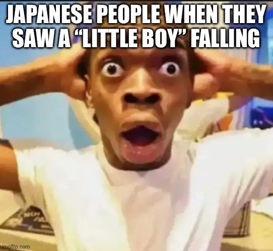 Surprised Black Guy | JAPANESE PEOPLE WHEN THEY SAW A “LITTLE BOY” FALLING | image tagged in surprised black guy | made w/ Imgflip meme maker
