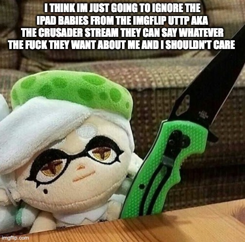 Marie plush with a knife | I THINK IM JUST GOING TO IGNORE THE IPAD BABIES FROM THE IMGFLIP UTTP AKA THE CRUSADER STREAM THEY CAN SAY WHATEVER THE FUCK THEY WANT ABOUT ME AND I SHOULDN'T CARE | image tagged in marie plush with a knife | made w/ Imgflip meme maker
