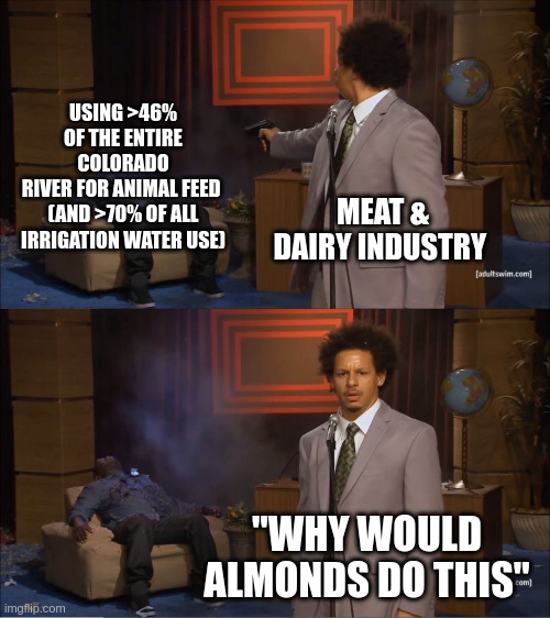 Meat and dairy use up a lot more water than you'd think | USING >46% OF THE ENTIRE COLORADO RIVER FOR ANIMAL FEED 

(AND >70% OF ALL IRRIGATION WATER USE); MEAT & DAIRY INDUSTRY; "WHY WOULD ALMONDS DO THIS" | image tagged in memes,who killed hannibal,environment,drought,meat,water | made w/ Imgflip meme maker