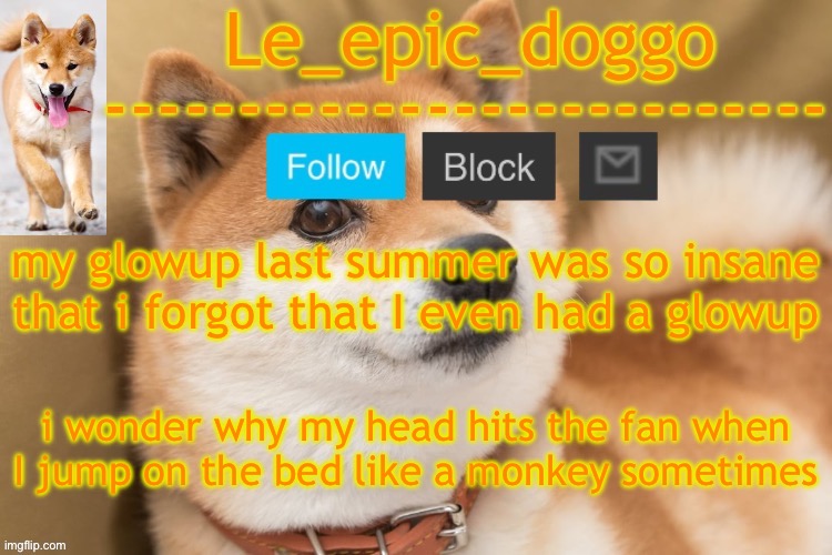 epic doggo's temp back in old fashion | my glowup last summer was so insane that i forgot that I even had a glowup; i wonder why my head hits the fan when I jump on the bed like a monkey sometimes | image tagged in epic doggo's temp back in old fashion | made w/ Imgflip meme maker