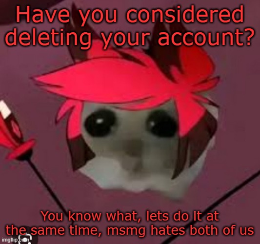 @SWN | Have you considered deleting your account? You know what, lets do it at the same time, msmg hates both of us | image tagged in sad hamster alastor | made w/ Imgflip meme maker