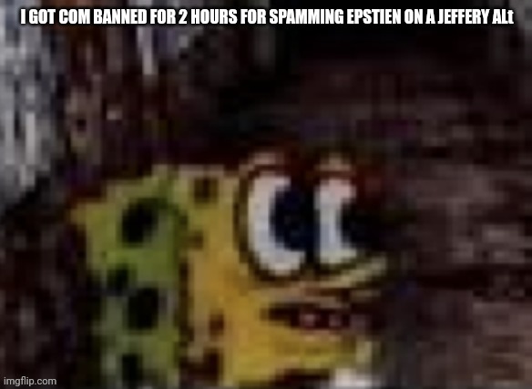 spunch bop trauma | I GOT COM BANNED FOR 2 HOURS FOR SPAMMING EPSTIEN ON A JEFFERY ALt | image tagged in spunch bop trauma | made w/ Imgflip meme maker