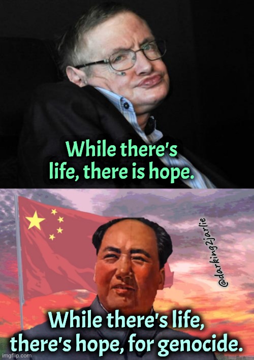 Mao life. Mao science. | While there's life, there is hope. @darking2jarlie; While there's life, there's hope, for genocide. | image tagged in dubious mao,stephen hawking,science,genocide,communism | made w/ Imgflip meme maker