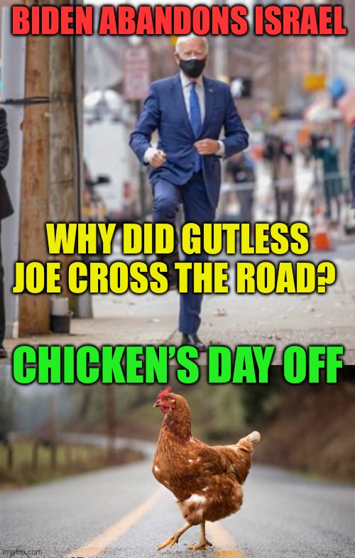 Biden signals to terrorists and Dictators, he is weak and not a World Leader | BIDEN ABANDONS ISRAEL; WHY DID GUTLESS JOE CROSS THE ROAD? CHICKEN’S DAY OFF | image tagged in gifs,biden,weak,foreign policy,islamic terrorism | made w/ Imgflip meme maker