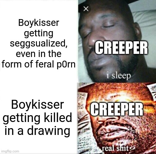 CreeperS the hypocrite | Boykisser getting seggsualized, even in the form of feral p0rn; CREEPER; Boykisser getting killed in a drawing; CREEPER | image tagged in memes,sleeping shaq,boykisser,cringe | made w/ Imgflip meme maker