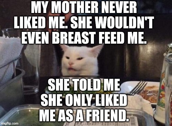 Smudge that darn cat | MY MOTHER NEVER LIKED ME. SHE WOULDN'T EVEN BREAST FEED ME. SHE TOLD ME SHE ONLY LIKED ME AS A FRIEND. | image tagged in smudge that darn cat | made w/ Imgflip meme maker