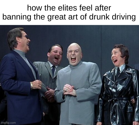Laughing Villains Meme | how the elites feel after banning the great art of drunk driving | image tagged in memes,laughing villains | made w/ Imgflip meme maker