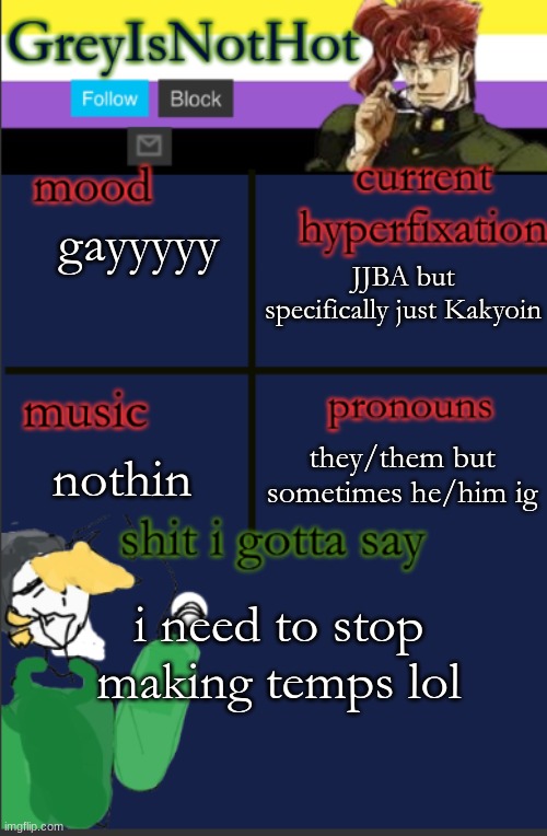 Wahooo | JJBA but specifically just Kakyoin; gayyyyy; nothin; they/them but sometimes he/him ig; i need to stop making temps lol | image tagged in grey's temp with bad art | made w/ Imgflip meme maker