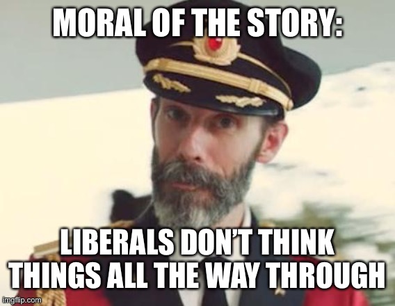 Captain Obvious | MORAL OF THE STORY: LIBERALS DON’T THINK THINGS ALL THE WAY THROUGH | image tagged in captain obvious | made w/ Imgflip meme maker