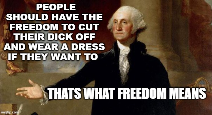 george washington | PEOPLE SHOULD HAVE THE FREEDOM TO CUT THEIR DICK OFF AND WEAR A DRESS IF THEY WANT TO; THATS WHAT FREEDOM MEANS | image tagged in george washington | made w/ Imgflip meme maker