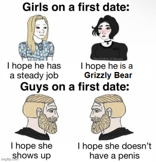 Girl hopes he's a grizzly | image tagged in bears,feminazi | made w/ Imgflip meme maker