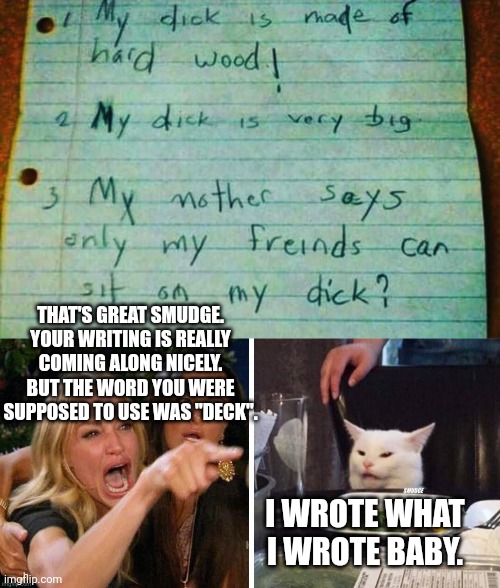 THAT'S GREAT SMUDGE. YOUR WRITING IS REALLY COMING ALONG NICELY. BUT THE WORD YOU WERE SUPPOSED TO USE WAS "DECK". I WROTE WHAT I WROTE BABY. | image tagged in smudge that darn cat with karen | made w/ Imgflip meme maker