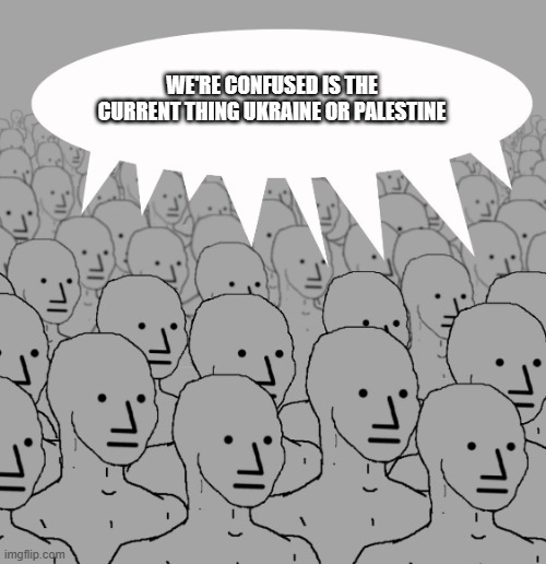 npc-crowd | WE'RE CONFUSED IS THE CURRENT THING UKRAINE OR PALESTINE | image tagged in npc-crowd | made w/ Imgflip meme maker