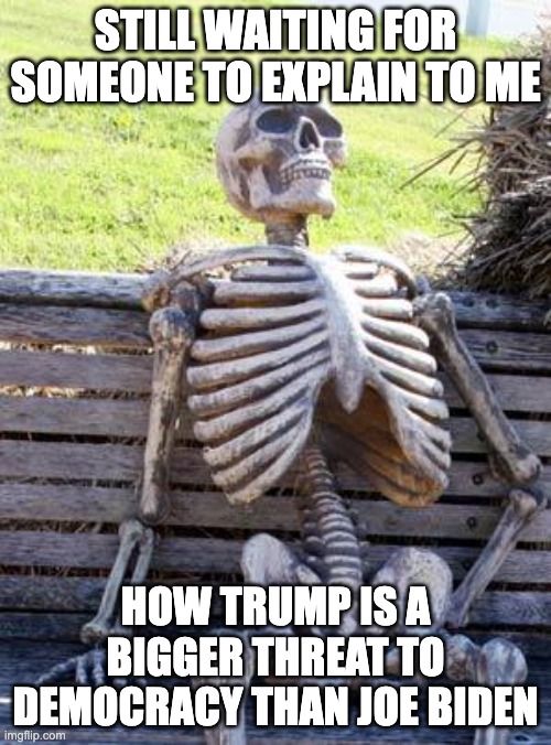 Waiting Skeleton | STILL WAITING FOR SOMEONE TO EXPLAIN TO ME; HOW TRUMP IS A BIGGER THREAT TO DEMOCRACY THAN JOE BIDEN | image tagged in memes,waiting skeleton | made w/ Imgflip meme maker