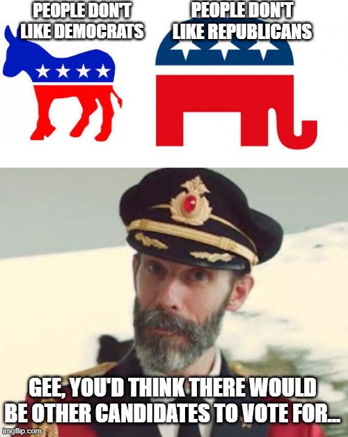 Be Nice If Neither Won | PEOPLE DON'T LIKE REPUBLICANS; PEOPLE DON'T LIKE DEMOCRATS; GEE, YOU'D THINK THERE WOULD BE OTHER CANDIDATES TO VOTE FOR... | image tagged in democrat donkey,republican,captain obvious | made w/ Imgflip meme maker