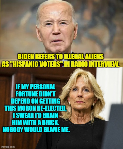 You know that's what she's thinking. | BIDEN REFERS TO ILLEGAL ALIENS AS "HISPANIC VOTERS" IN RADIO INTERVIEW. IF MY PERSONAL FORTUNE DIDN'T DEPEND ON GETTING THIS MORON RE-ELECTED, I SWEAR I'D BRAIN HIM WITH A BRICK.  NOBODY WOULD BLAME ME. | image tagged in yep | made w/ Imgflip meme maker